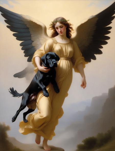 Painting, oil painting  of a humanoid (angel:1.2) beautiful feathered wings hybrid holding a black Boerboel puppy, (feathered wings:1.2), flying in dust clouds, cute creature, art by William-Adolphe Bouguereau