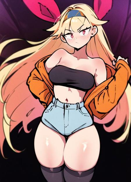 masterpiece, highres ,1girl,  <lora:amunero-13:0.8> amunero, (single braid), side braid, headband, cowboy shot, hair ornament, (highleg panties, highleg,shorts,thighhighs:1.2), off-shoulder jacket, oversized jacket, bare shoulders, tube top,  orange red eyes, red ribbon, hair ribbon, puffy sleeves, <lora:snegovski-30:0.8> snegovski