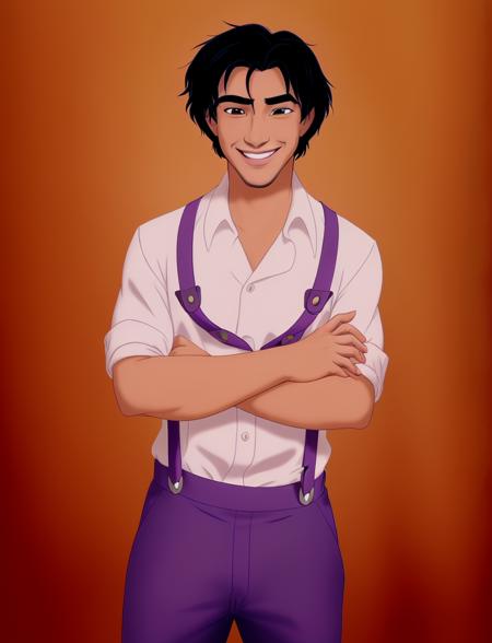 guy, brown skin, bushy black hair, smiling at camera, disney style, (purple suspenders),  portrait<lora:DisneyRen:1>