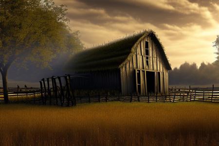 RAW photo, (masterpiece:1.3), subsurface scattering, heavy shadow, (high quality:1.4), (intricate, high detail:1.2), professional photography, HDR, High Dynamic Range, realistic, ultra realistic, photorealistic, high resolution, film photography, ambient lighting, atmospheric effects, <lora:detail_slider_v4:2>, OverallDetail,  farm, fields, barn, fence, fantfa, <lora:FantasyFarm:1>