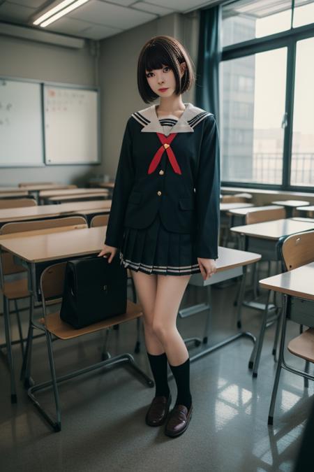 ultra-detailed,highly detailed,best quality,masterpiece,illustration,
kato megumi,1girl, school uniform, katou megumi, solo, cosplay, 
short hair, bob cut, jacket, blunt bangs,
serafuku,socks, loafers,sailor dress,neck ribbon, long sleeves,
looking at viewer, indoors,classroom,full body, 
<lora:kato megumi_uni_v1_02:0.7>