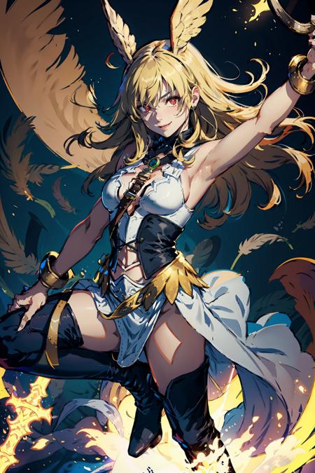 <lora:Valkyrie:0.8>
Thrud, 1girl, solo, long hair, looking at viewer, smile, blonde hair, red eyes, thighhighs, holding, cleavage, weapon, boots, armpits, black footwear, holding weapon, thigh boots, feathers, polearm, head wings, shield, spear, holding polearm