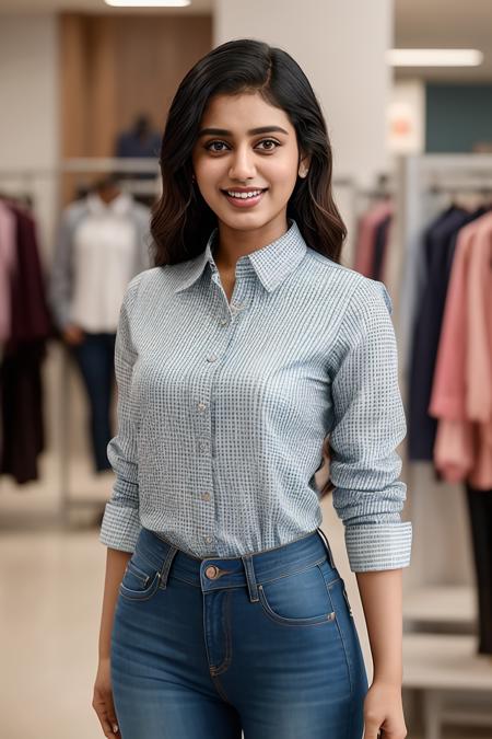 photo of beautiful (priyapvarrier:0.99), a woman, (sfw tight fashion shirt:1.2), (long jeans), in a department store, natural light, (masterpiece:1.2) (photorealistic:1.2) (best quality) (detailed skin:1.2) (intricate details) (8k) (HDR) (cinematic lighting) (sharp focus), (looking at the camera:1.1), (closeup portrait:1.1), (grin512)