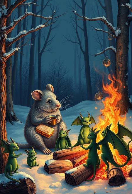 A big rat sitting nearby  a  big campfire and  eating a sandwich with cheese  and holding a cup of tea, sitting with a group of little green dragons with dark green wings , with details, snow, snowy night, winter forest, vivid colors, details seen under an electron scanning microscope
