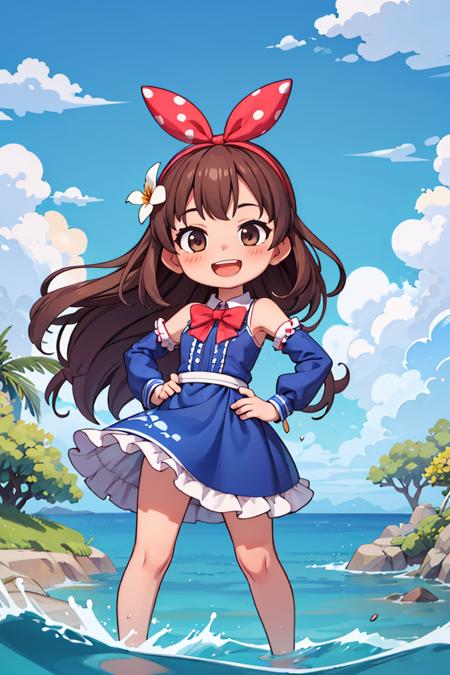 masterpiece,best quality,dramatic, 1girl, solo,  long hair, brown hair, detached sleeves, open mouth, smile, outdoors, water, sky, day, hand on hip, hair ornament, pointing, cloud, ocean, dress,  blush, blue dress, wading,  blue sky, bow, standing, :d, frills, beach, bangs, barefoot, hair flower, skirt, ^_^, facing viewer,  bowtie, teeth, <lyco:GoodHands-beta2:1.0> <lora:more_details:0.3>,