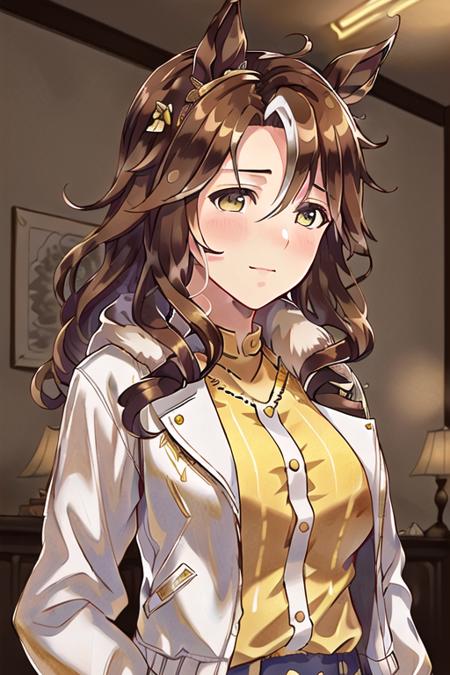 ((photorealistic)), original, illustration, an extremely delicate and beautiful, extremely detailed CG unity 8k wallpaper, dynamic, dramatic illumination,

umamusume,   <lora:Mejiro Palmer:0.6>, brown hair, animal ears, horse ears, hair_ornaments, white jacket, yellow shirt