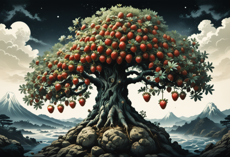 olive tree made of strawberry, in japanese ukiyo-e style, back view, extreme close-up, at the edge of a digital void, breezy
<lora:Strawberrify:1.25>
<lora:SDXLFaeTastic2400:0.85>