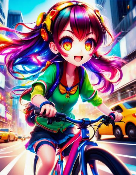 In a vibrant anime illustration, a cute girl with bright pigtails zooms down a bustling city street on her bicycle. With her eyes filled with determination and windblown hair, she effortlessly maneuvers through the traffic, her bike adorned with colorful accessories. The scene bursts with energy and excitement as the vibrant colors of the cityscape blur in the background. <lora:Dall-e_3_0.2>