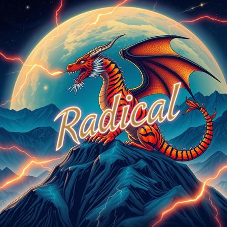 A tiger-striped dragon sitting on a mountain-top. Orange and black stripes.  Two horns.  Dragon Wings. Roaring.  Breathing fire.
Background mountains at night. Cosmic skyscape.  Synthwave colorscheme. Very realistic, fantasy illustration.
with the phrase "Radical" emblazoned in 3D, intricate, lightning patterns, with a predominantly neon colors,