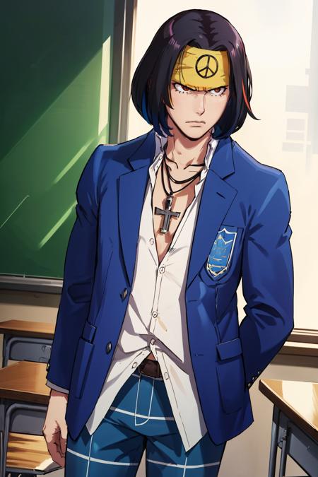 masterpiece, best quality, absurdres, beautiful, cowboy shot, angry, classroom
 <lora:akira:1> akiraif, headband, necklace, jacket, multicolored pants