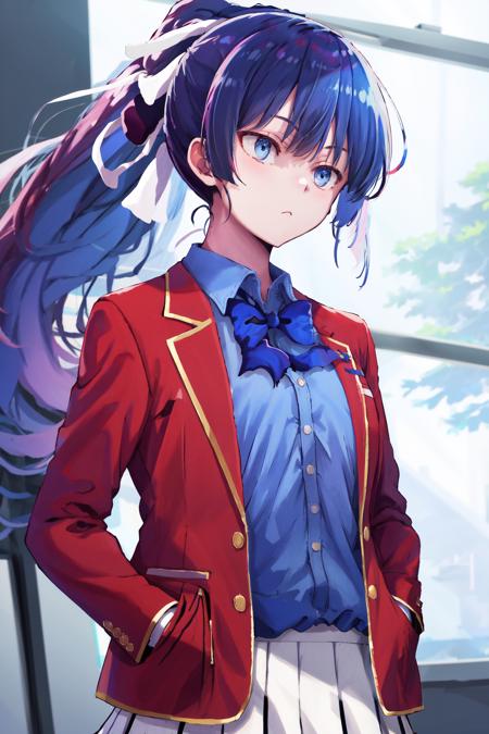 masterpiece, best quality, highres, 1girl amikura ponytail hair ribbon, school uniform white skirt red jacket blue shirt blue bowtie <lora:amikura:1> hands in pockets