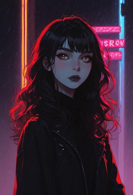 score_9, score_8_up, score_7_up, score_6_up, Expressiveh, g0thicPXL, woman, 23 years old, perfect face, cute, ultra detailed, masterpiece, BREAK
Vibrant cityscape illuminated by glowing neon signs in bright pinks, blues, and purples, rain-soaked streets reflecting the vivid lights, faint mist, buildings, street, BREAK
Pale skin with soft highlights, long brunette hair styled with a slight wave, bangs, bold black lips, glowing brown eyes with sharp eyeliner, fierce and confident expression, BREAK
Wearing a fitted black jacket with a bright purple scarf, standing under a neon sign, one hand in her pocket, the other holding a glowing umbrella, gazing directly at the, neon lights, slight side view
