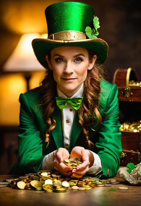 An award winning, masterpiece. A professional photograph of a female leprechaun, guarding her treasure. Natural lighting, sharp focus, highly detailed, blurry background