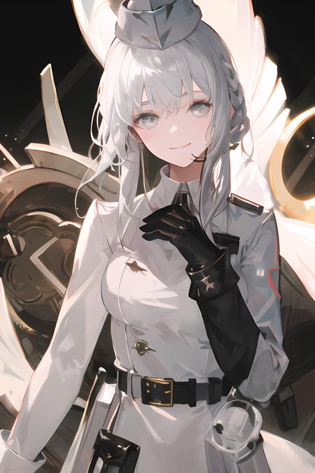 solo,masterpiece, best quality,1girl, bangs, black_gloves, border, braid, closed_mouth, gloves, grey_eyes, hat, long_hair, long_sleeves, looking_at_viewer, nurse, nurse_cap, own_hands_together, smile, solo, upper_body,white hair,