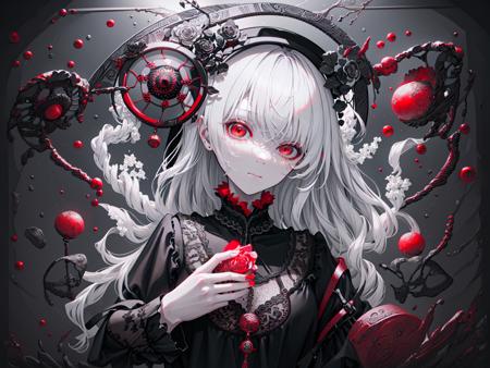 (best quality, masterpiece), (1girl, solo, black dress, standing , looking at viewer, white hair, red eyes, holding rose, closed mouth, upper body), (red dreamcatcher behind, red flower, )