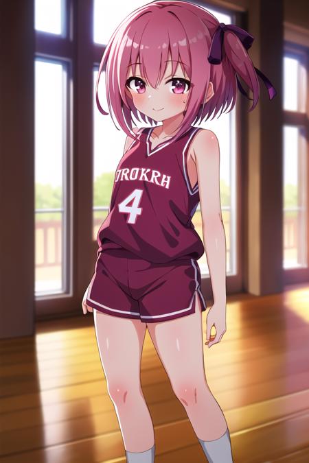 masterpiece, best quality, absurdres, cute, extremely detailed face, perfect lighting, 
<lora:ro-kyu-bu_v7-000018:0.6>, minato tomoka, 1girl, solo, blush, smile, short hair, hair ribbon, one side up, mole under eye, 
jersey, short shorts, socks, shoes,