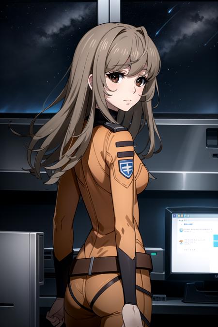 best quality, masterpiece, detailed,
<lora:SpaceBattleshipYamato2199_MisakiYuria:0.9>, MisakiYuria,
closed mouth,
brown hair, long hair, brown eyes,
MisakiBodysuit, orange bodysuit, belt,
standing, looking at the viewer, from back, 
science fiction, night, starry sky