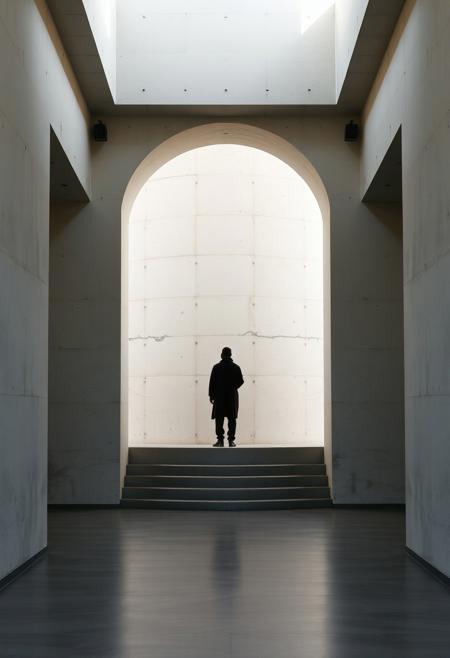 A brutalist, chapel-like interior where a single perhaps a refugee silhouette—stands out against the muted, timeless background, evoking both social urgency and architectural serenity.