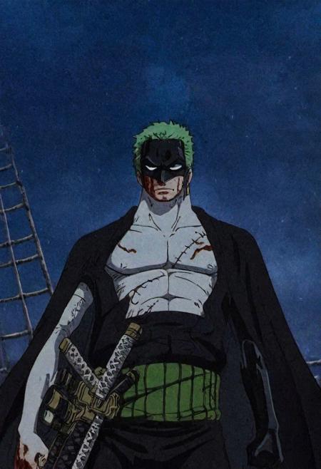 Mask, by Noriyoshi Ohrai, (ink, thick outline, comics style illustration by Moebius, milo manara, best quality, masterpiece, realistic, detailed, highly detailed face) of a haunting scene with 1( Rononoa Zoro is Batman:1.0) in a dark fantasy Triller bark of diablo. Emphasize eerie atmosphere, high contrast, and interplay of shadow and light, colorful, gothic horror detailed face perspective from below anime, manga, comic, illustration, style by Jesper Ejsing and Frank Frazetta,Serious , ( batman body suit:1.25),Ungry,Blood