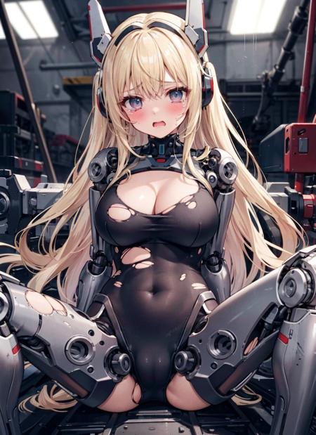 1girl,solo,
<lora:T88[mecha musume, mechanical parts, robot joints,android,mechanical body,headgear]:0.6>,
large breasts, cleavage, bottomless, torn clothes, torn bodysuit, navel,blush, wince, embarrassed, tears,
 mechanical parts, robot joints,android,mechanical body,headgear,very long hair, blonde hair, 
spread legs, factory,