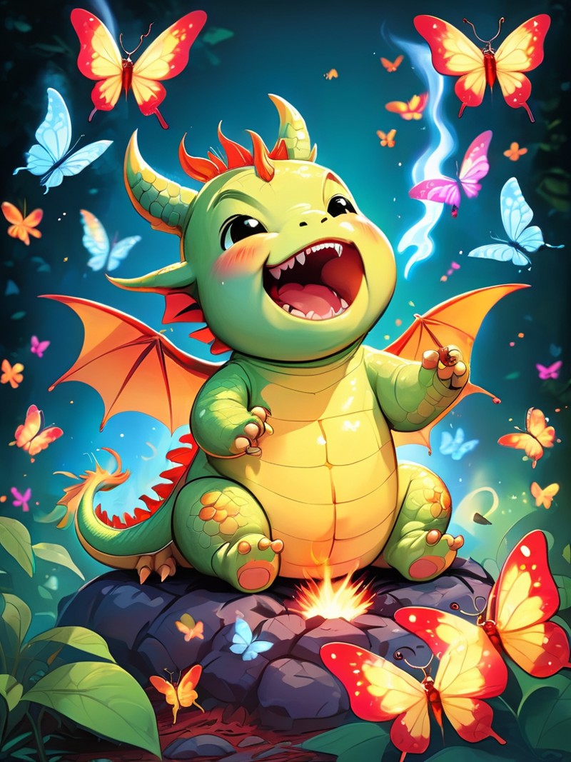 A cute depiction of a pudgy little dragon attempting to breathe fire for the first time, with only a tiny puff of smoke co...