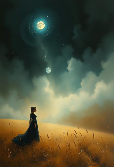 surreal dark fantasy with melancholic painterly realism, ethereal figures blending with soft pastoral landscapes, muted golden earth tones merging with deep celestial blues, dreamlike atmospheric lighting, introspective emotional depth, painterly textures with visionary symbolism