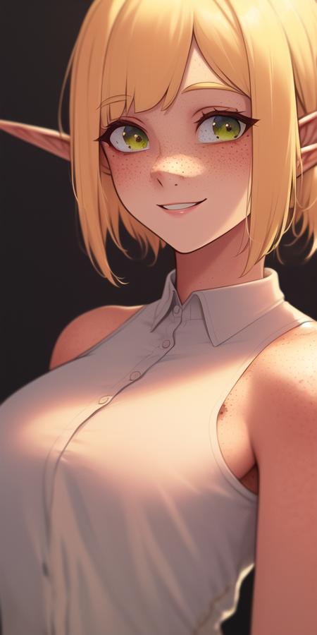 masterpiece, beautiful, detailed, <lora:wakfu_evangelyne:1>, 1 woman, solo, adult, looking at viewer, close-up, smiling, short hair, blonde hair, (bangs:1), (freckles:1), elf ears, black shirt, gloves, bare shoulders, (body freckles:1)