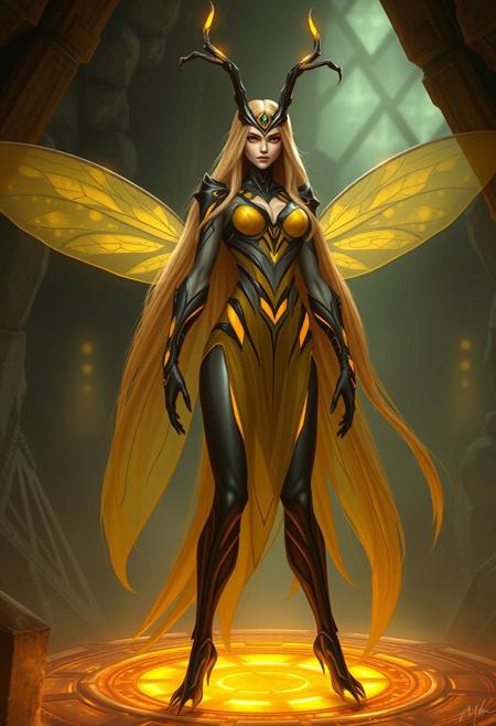 (masterpiece, best quality), Vesperia from Primal Hunter, humanoid vespernat queen, tall and commanding female form, approximately 2.3 meters tall, long flowing golden hair, black eyes with radiant yellow irises, short black antennae with slightly yellow glow at the tips rising from her forehead, sheer wasp-stripe dress in alternating translucent yellow and black, dress flowing elegantly around her limbs, chitinous yellow-and-black accents peeking through the fabric like armor, regal and alien beauty, lean muscular proportions with insectoid undertones, high fantasy science fiction setting, standing on a raised bioluminescent platform in her hive, dignified, elegant yet unnerving presence, aura of psionic command, digital painting, highly detailed concept art, fantasy xenoqueen, by greg rutkowski and wlop