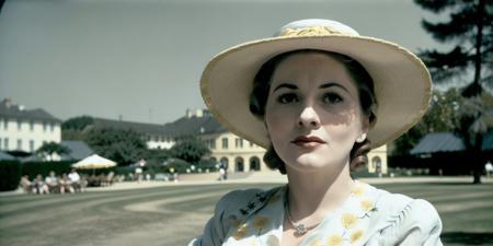 <lyco:Joan Fontaine-v1.0:1> portrait of beautiful Joan Fontaine, wearing a large hat and a yellow dress, sitting in park, realistic, film grain, sharp, bokeh, uhd, movie screenshot, side view
