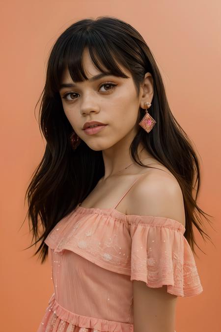 jenna_ortega_v4 wearing off shoulder dress, long hair, bangs, lipstick, pink makeup, skinny,
orange off shoulder dress,
medium shot, upper body shot, portrait, solid color background, soft lighting, close up,
<lora:Jenna_Ortega_V4:0.6>, <lora:breastsizeslideroffset:-0.5>