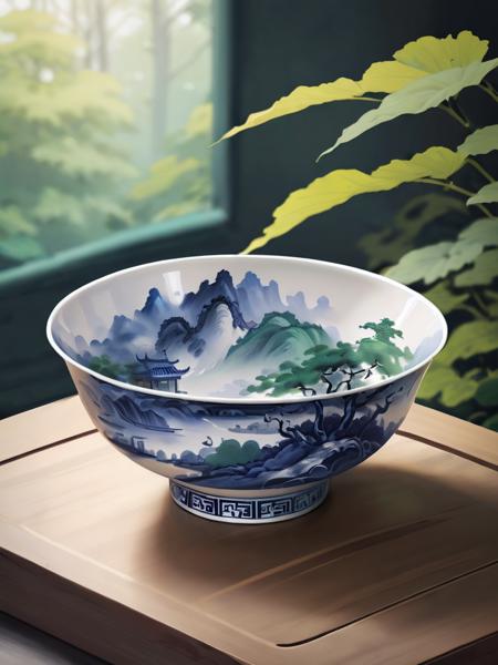 Bowl, blue and white porcelain, Chinese style, green, landscape, masterpiece, best quality,3ddianshang\(style\), nature, no humans, outdoors, forest,