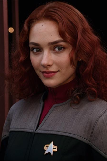 (ds9st black and red:1.2) uniform, masterpiece, realistic, extreme detail, 8k resolution, 1girl, cowboy photograph, 25-y.o. beautiful woman, (curly red hair:1.5), slim, toned, brown eyes, tanned skin, dark makeup, detailed skin, smile, (looking at camera:1.3), in front of the golden gate bridge, 35mm, kodak portra 400, focus on eyes  <lora:Ds9Divi:0.8>  <lora:epiCRealismHelper:1>