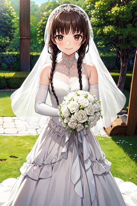 masterpiece, best quality, highres, aayoshino, long hair, twin braids, brown eyes, hair over shoulder, <lora:shimazu_yoshino_v1:0.7>, wedding dress, white dress, white gloves, elbow gloves, garden, standing, holding bouquet, smile,