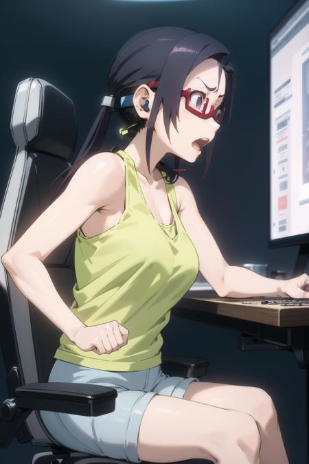 <lora:sato-000006:1> sato,
glasses, red-framed eyewear, under-rim eyewear,
green tank top, blue shorts, headset,
1girl, solo, livestream, gaming chair, shouting, looking at screen, from side, annoyed