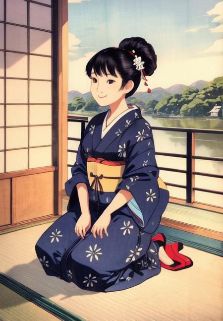 <lora:Shunga:1.0>, 1girl, solo, traditional japanse clothes, kneeling, smile,