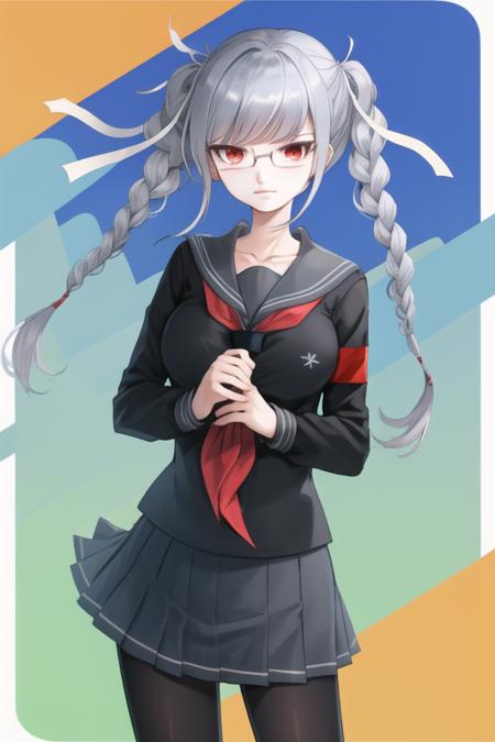 <lora:PekoDG:0.8>, 1girl, black pantyhose, black shirt, blue skirt, breasts, closed mouth, collarbone, cowboy shot, floating hair, frown, glasses, hair ribbon, large breasts, long sleeves, looking at viewer, miniskirt, neckerchief, pantyhose, pleated skirt, red neckerchief, ribbon, sailor collar, school uniform, serafuku, shiny, shiny hair, shirt, skirt, solo, standing, white ribbon, lips,