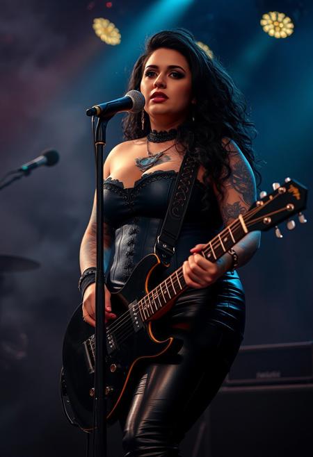 A photorealistic picture of an attractive 25yo female at a music gig. She is full figured, curvy with large breasts, wide hips and round belly.Her jet black hair is curly and long. She at a dark rock gig, the stage behind her and has a full face of gothic makeup, her and chest covered in tattoos. She is wearing a dark blue studded leather corset and black leather pants. she is stood behind a microphone stand and playing a fancy guitar. The background is detailed and the light is dark and atmospheric and filled with smoke from a machine