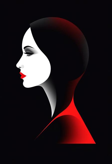 minimalist (stylized:1.2) vector art illustration, profile of a woman in a black and white and red color scheme, simplified shapes, flat colors,  negative space to achieve the illusion of a face, reduced details, strong geometric shapes, black background, highly stylized graphic design