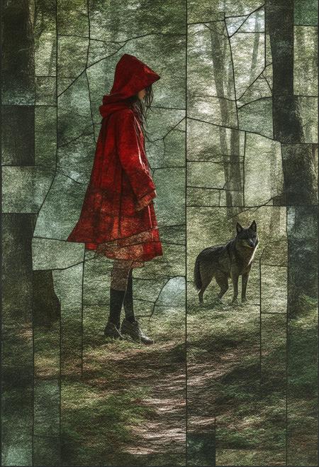 A haunting and surreal depiction of Little Red Riding Hood, rendered in a fractured, stained-glass Cubist style. The scene shatters into geometric shards, presenting multiple perspectives of the girl, the dense forest, and a subtle, unsettling suggestion of the wolf's presence. The palette utilizes deep reds, greens, and blacks, punctuated by bold white lines and a soft, inner luminescence emanating from the girl's cloak and the forestâs depths. Photorealistic details of the cloakâs texture, the forestâs foliage, and a hint of the girlâs apprehensive expression harmonize with the abstract fragmentation, creating a captivating and slightly unsettling fairytale reimagining. Ultra detailed, 8k resolution, volumetric lighting, octane render, emphasizing the interplay of light and shadow and the symbolic use of color to evoke a sense of both innocence and foreboding.
