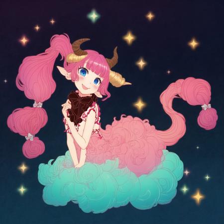 <lora:artofmaquenda:1>, artofmaquenda,  poster, letterboxed, pillarboxed, illustration, simple background, 1girl, :d, bangs, blue eyes, blush, curled horns, detached sleeves, dragon horns, dragon tail, dress, eyebrows visible through hair, finger gloves, flat chest, floating hair, frilled dress, frills, gradient, gradient background, hair ribbon, hand up, highres, horns, long hair, looking at viewer, open mouth, pink hair, pointy ears, ribbon, sidelocks, simple background, smile, solo, sparkle, tail, two side up