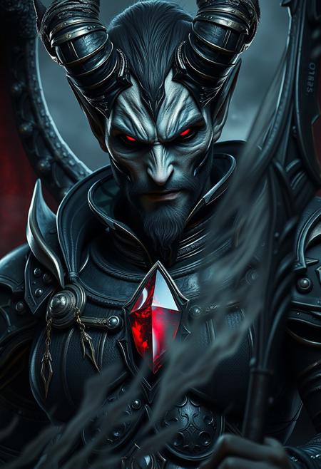 the very definition of darkness made flesh into this character, male, armored, evil, red eyes, demonic eyes, demonic presence, necromancer, leech, high quality render, highly detailed combat armor, his infernal presence fills the scene, close up, horror, terror, cursed, demon, dark crystal on a chest piece, detailed mortal staff, very detailed, ultra realistic, (best quality) very detailed masterpiece,