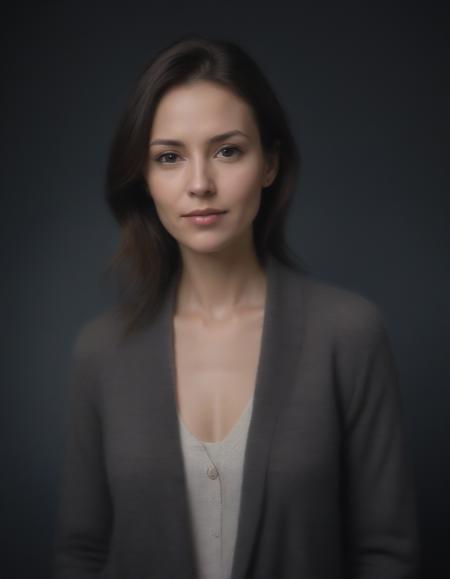 centered, portrait photo of 35 y.o woman, open jacket, sweater, natural skin, dark shot