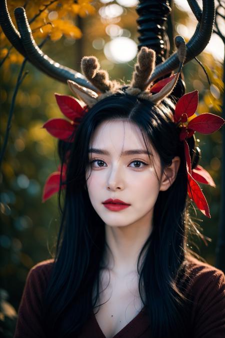 <lora:mn_20231013145446:0.9>,<lora:å¥³å·«:0.7>,mn,1girl,solo,nature,horns,forest,makeup,leaf,looking at viewer,red lips,antlers,lipstick,outdoors,blurry,tree,