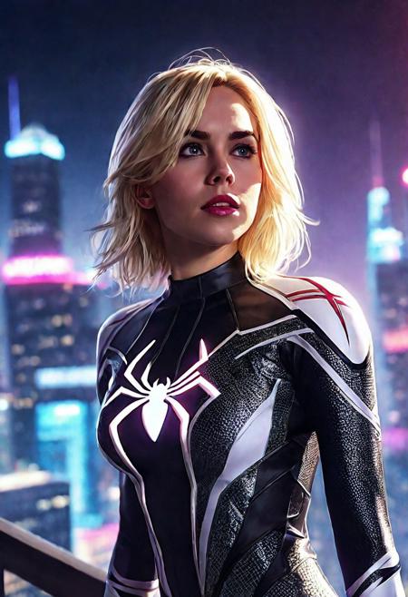 High resolution ultra-realistic of Beautiful Spider-Gwen, 8k, capturing the intensity of the moment, cinematic lighting, Squatting on the roof of a skyscraper in restless New York, wavy blonde hair, realistic dirty face with blood, realistic blue eyes, beautiful hourglass figure, intricately designed Spider-Gwen black-white combat costume, Marvel comics Aesthetic, perfect athletic figure, beautiful Kiernan Shipka as Spider-Gwen, ultra realistic, cinematic style, vigorous and Alluring, athletic figure, sci-fi style, dramatic lighting, wet and sweaty skin, dirty pale skin, athletic figure, dark sci-fi, dramatic lighting, Greg Rutkowski style, Spider-Gwen on in cool dress, hyper-detailed, hyper-realistic, natural light, extremely intricat e details, masterpiece, epic, bright colours, Attractive 21 old years girl, beautiful firm Breasts, sharp focus, digital painting, Photograph Taken on Nikon D750, Alphonse Mucha, athletic figure, Hyperdetailed, hyperrealism, Attractive, Attractive bust girl, asymmetric balance