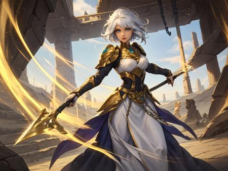 HEHEZI,LOL,\\\(lol style\\\),game cg,1girl weapon,sword,solo,long hair,holding,looking at viewer,armor,blue eyes,holding weapon,white skirt,holding sword,breasts,skirt,white hair,dress,chain,shoulder armor,long sleeves,<lora:LOLæçç(8bit)-000005:0.65>,