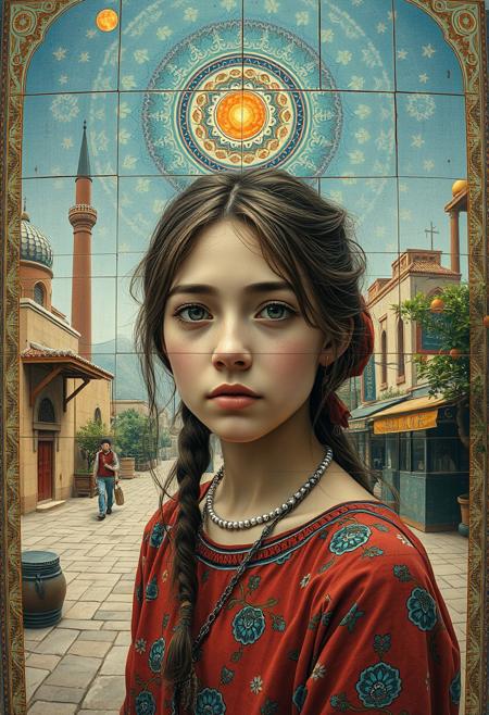 1girl, (portrait art stylized by Michael Shapcott:1.3) and (Nicolas Poussin:1.3) and (Frenchy:0.8) and (Keith Parkinson:0.9) , mundane Iznik Tiles of an intricate background, Deserted [Light:Alien:6] ([Kraken|Pebble]:1.3) , [Chinese:Ethiopian:8] background, lush street and Supernova remnant in background, Fall, Very wide view, Ultrarealistic, Light, Royalcore, broad lighting, pinhole lens, Kinemacolor, attractive, intricate, artstation, extremely beautiful