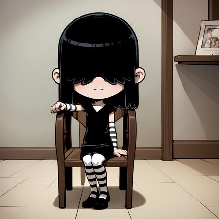 ((masterpiece, best quality)),(complex light), 1girl ,solo, full body, lucy loud, <lora:lucy_loud1-10:0.6> ,black hair,   , hair over eyes,  black dress, striped pantyhose, sitting, on chair, chibi, stripe arm sleeves,striped, skinny,