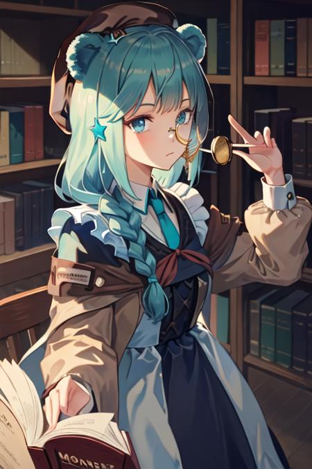 best quality, masterpiece, highres, solo, {maid:1.40}, {long maid dress:1.15}, {istina_arknights:1.15}, animal_ears, bear_ears, long_hair, hair_ornament, monocle, bangs, braid, blue_eyes, blue_hair, star_\(symbol\), star_hair_ornament, hat, brown_headwear, book, beret, upper_body, aqua_hair, necktie, single_braid