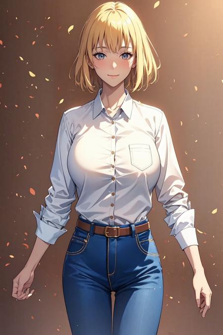 chae, 1girl, solo, short hair, blonde hair, simple background, shirt, medium sleeves, white shirt, belt, pants, denim, brown background, jeans, blue pants, masterpiece, anime, realistic, high quality, magic, smile, blush, mature woman, big breast <lora:chae:1>