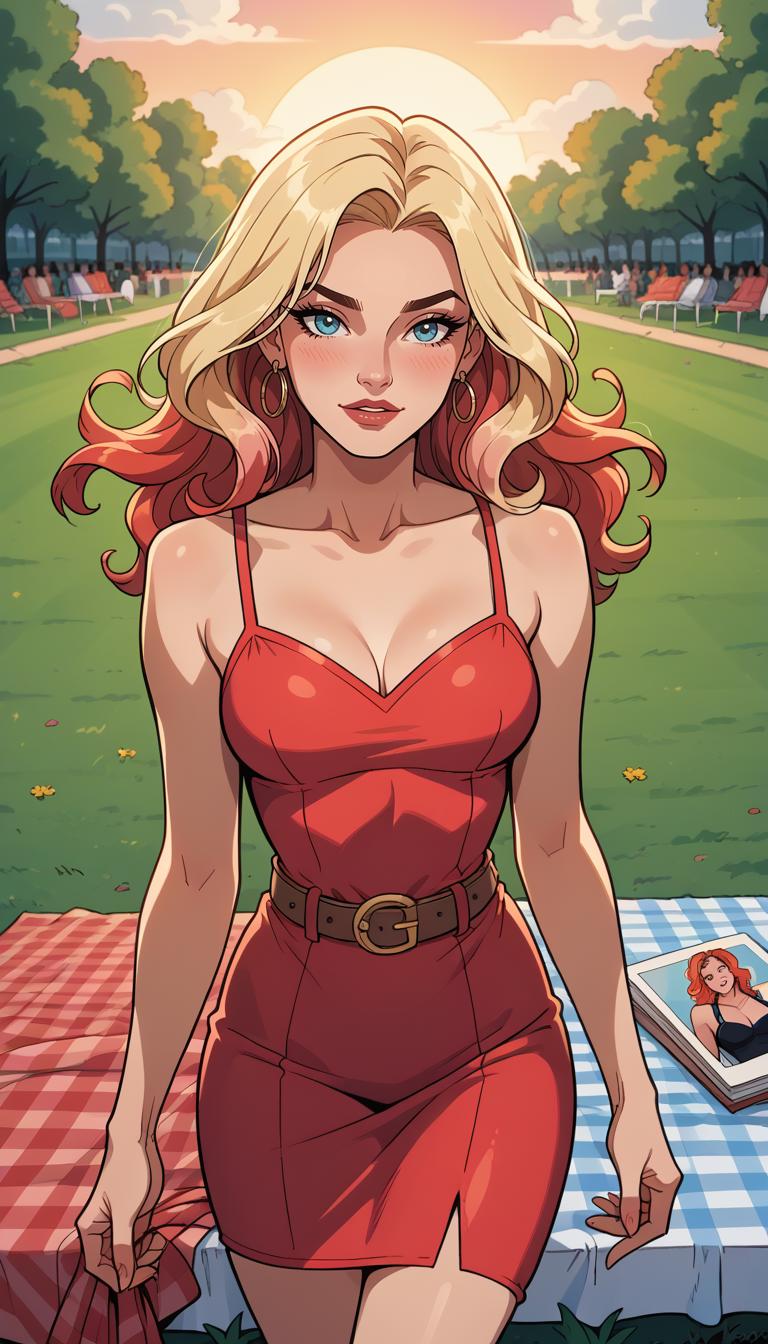 score_9, score_8_up, score_7_up, (Western Comics), girl, cute, seductive, innocent, large belt, coloured hair, floating hair, small tits, flirting, high detailed dress, (Picnic atmosfere), (public park), (sunset), (Cowboy shoot photo), (depth of field), (dynamic angle), (ultra detailed, high quality texture), (sharp), (artistic image)